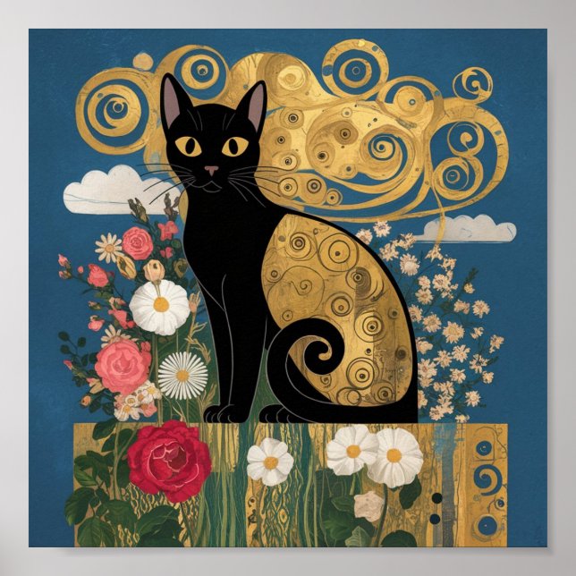 Gustav Klimt Blommigt Black Cat, Modern ectic Art Poster (Framsidan)