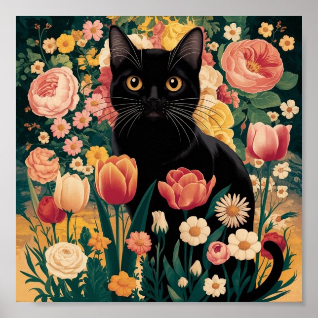 Gustav Klimt Blommigt Black Cat, Vintage Eclectic Poster (Framsidan)