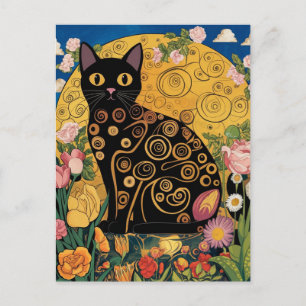 Gustav Klimt Blomster Svart Katt, Modern Eklektisk Vykort