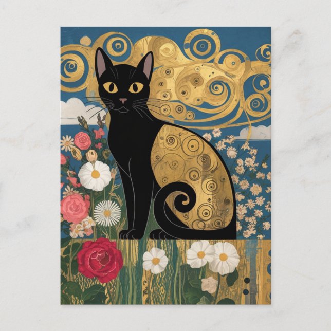 Gustav Klimt Blomster Svart Katt, Modern Eklektisk Vykort (Framsida)