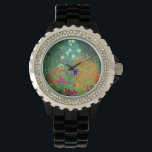 Gustav Klimt Blomsterträdgård Armbandsur<br><div class="desc">Se Gustav Klimts Blomsterträdgård för oljemålning (1906). En vacker trädgård av lila,  rött,  vitt,  blått och orange blommor. En underbar gåva till fläkt av Art nouveau och österrikisk konst.</div>