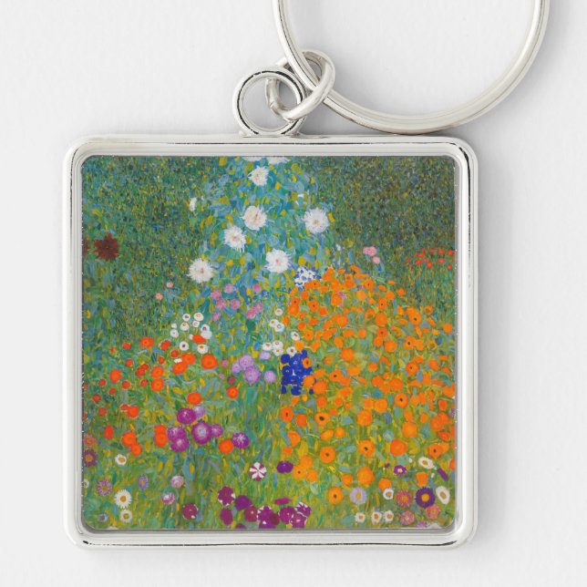 Gustav Klimt - Blomsterträdgård Fyrkantig Silverfärgad Nyckelring (Framsidan)