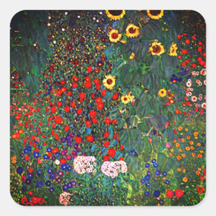 Gustav Klimt Blomsterträdgård Fyrkantigt Klistermärke