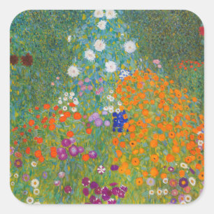 Gustav Klimt - Blomsterträdgård Fyrkantigt Klistermärke