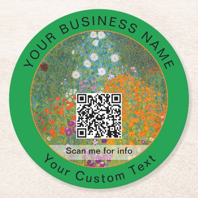 Gustav Klimt - Blomsterträdgård QR-kod Underlägg Papper Rund (Framsidan)