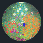Gustav Klimt Blomsterträdgård Runt Klistermärke<br><div class="desc">Stickers med Gustav Klimts Blomsterträdgård för oljemålning (1906). En vacker trädgård av lila,  rött,  vitt,  blått och orange blommor. En underbar gåva till fläkt av Art nouveau och österrikisk konst.</div>