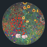 Gustav Klimt Blomsterträdgård Runt Klistermärke<br><div class="desc">Stickers med sunnimuslimer (1907),  Gustav Klimts oljemålning Farm Garden. En vacker trädgård av solblommor och grönblå,  röd,  lila,  rosa och vita blommor. En underbar gåva till fläkt av Art nouveau och österrikisk konst.</div>