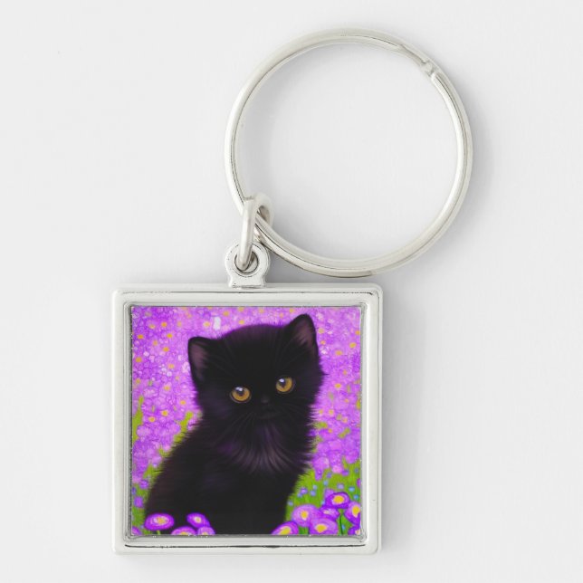 Gustav Klimt Cat Fyrkantig Silverfärgad Nyckelring (Framsidan)