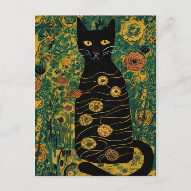 Gustav Klimt Cute Black Cat i en Blomsterträdgård Vykort (Framsida)