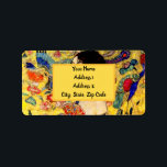 Gustav Klimt Dam med Fläkt Adressetikett<br><div class="desc">Returetiketter med Gustav Klimts oljemålning Dam med Fläkt (1918). En kvinna som bär en blå kimono håller en röd fläkt mot en färgstark gult av blommor och blomkrukor. En underbar gåva till fläkt av japansk och europeisk konst.</div>