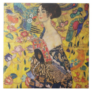 Gustav Klimt Dam med Fläkt Art nouveau-färg Kakelplatta