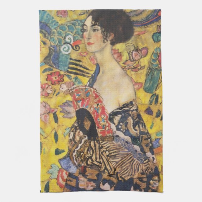 Gustav Klimt Dam med Fläkt Art nouveau-färg Kökshandduk (Vertikal)