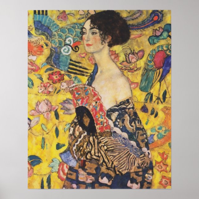 Gustav Klimt Dam med Fläkt Art nouveau-färg Poster (Framsidan)