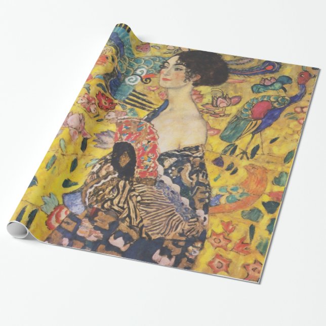 Gustav Klimt Dam med Fläkt Art nouveau-färg Presentpapper (Utrullad)