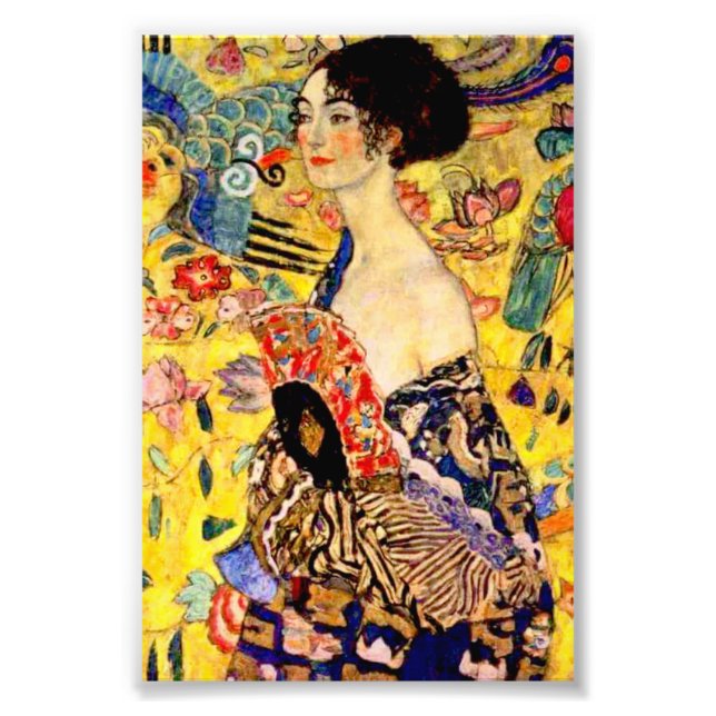 Gustav Klimt Dam med Fläkt Fototryck (Framsidan)