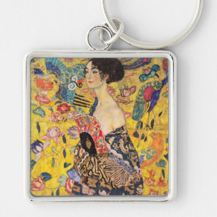 Gustav Klimt - Dam med Fläkt Fyrkantig Silverfärgad Nyckelring