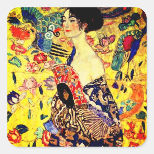 Gustav Klimt Dam med Fläkt Fyrkantigt Klistermärke