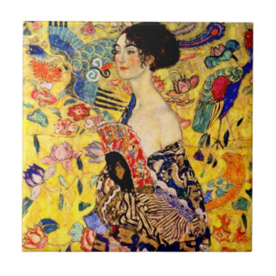 Gustav Klimt Dam med Fläkt Kakelplatta