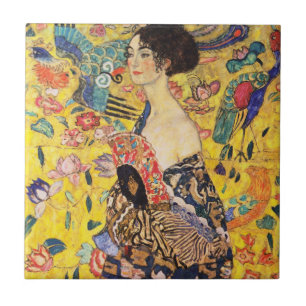 Gustav Klimt Dam med Fläkt Kakelplatta