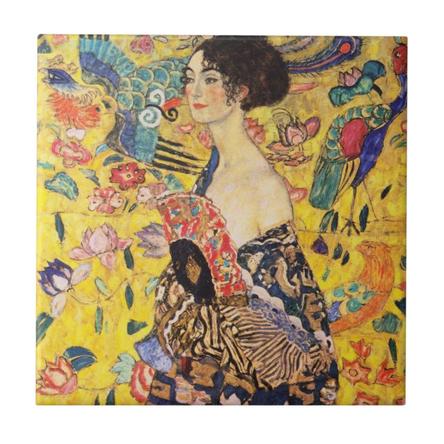 Gustav Klimt Dam med Fläkt Kakelplatta (Framsidan)