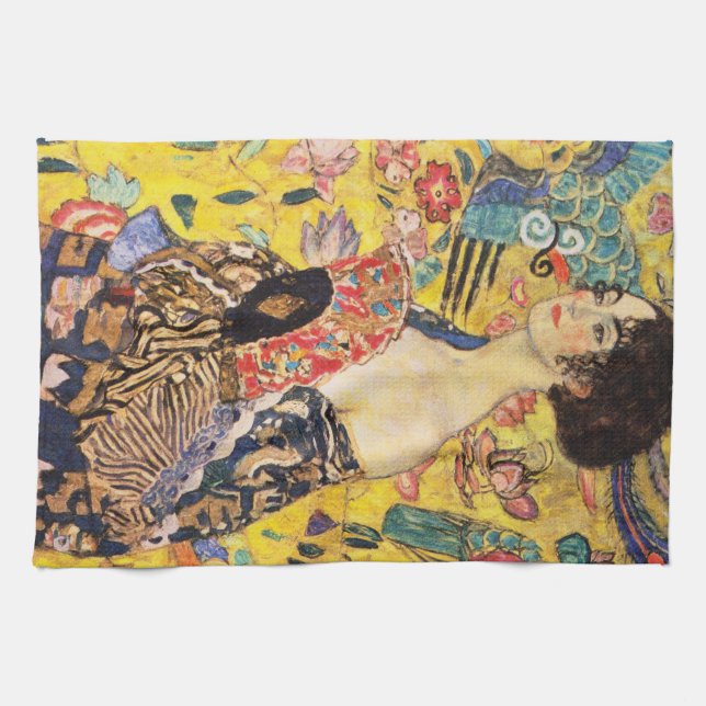 Gustav Klimt Dam med Fläkt Kökshandduk (Horisontell)