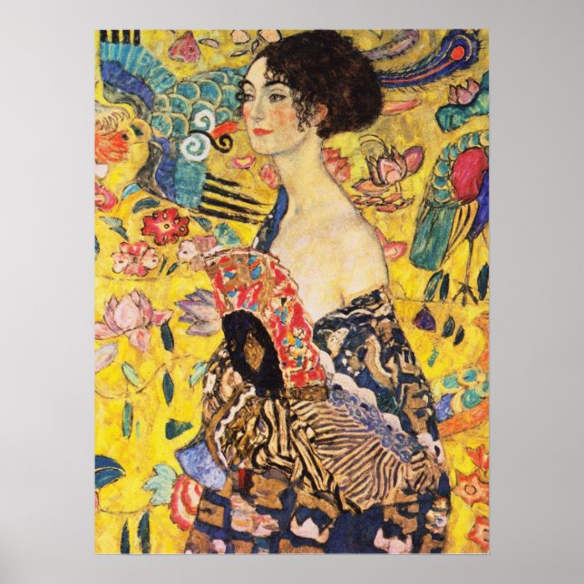 Gustav Klimt Dam med Fläkt Poster (Framsidan)