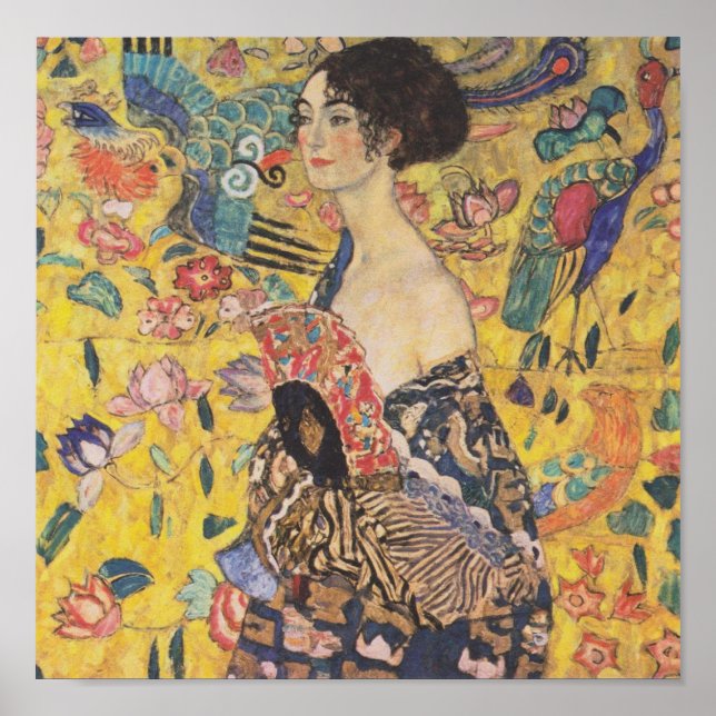 Gustav Klimt Dam med Fläkt Poster (Framsidan)