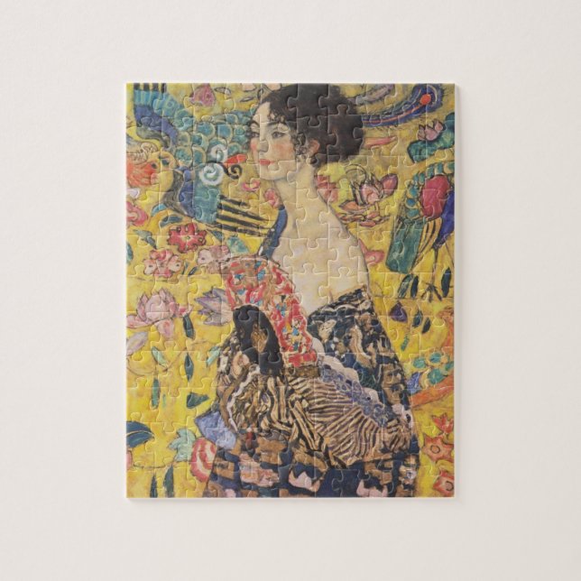 Gustav Klimt Dam med Fläkt puzzel Pussel (Vertikal)