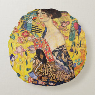Gustav Klimt Dam med Fläkt Rund Kudde