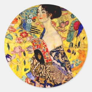 Gustav Klimt Dam med Fläkt Runt Klistermärke