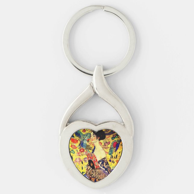 Gustav Klimt Dam med Fläkt Twisted Heart Silverfärgad Nyckelring (Framsidan)