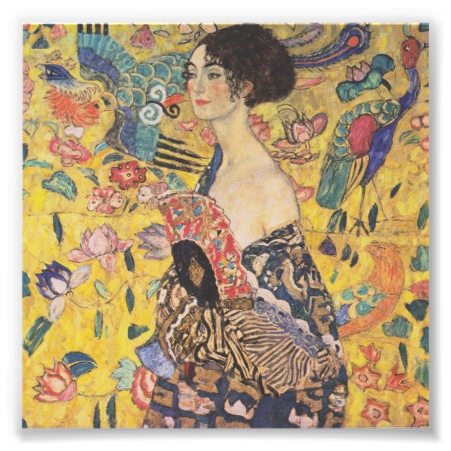 Gustav Klimt Dam med Fläkt-utskrift Fototryck (Framsidan)