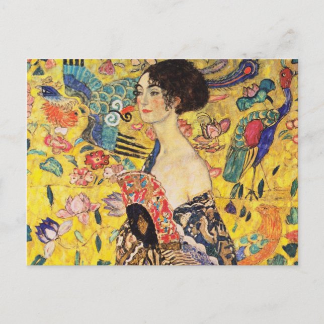 Gustav Klimt Dam med Fläkt Vykort (Framsida)