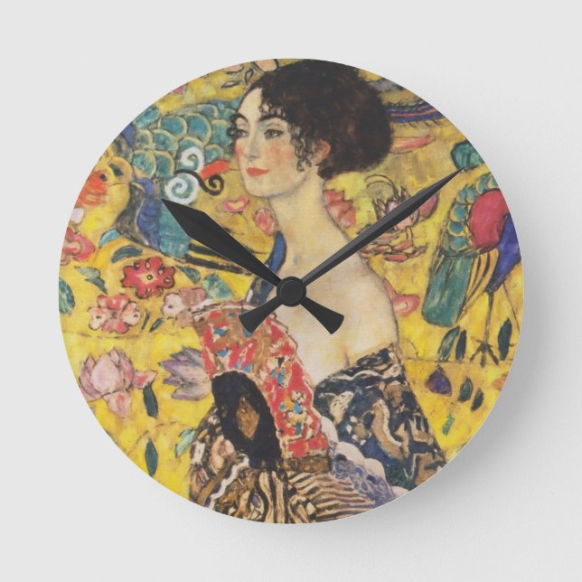 Gustav Klimt dam med fläktart nouveaumålning Rund Klocka (Framsida)