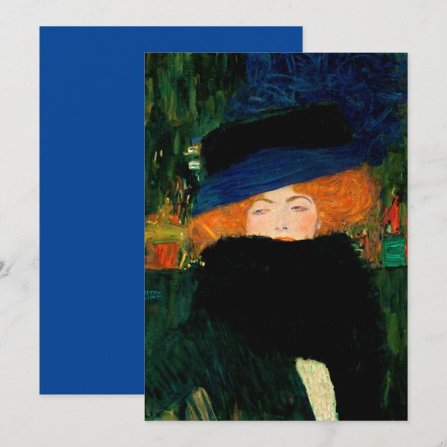 Gustav Klimt "Dam med hatt och fjäder" Julkort (Fram/baksida)