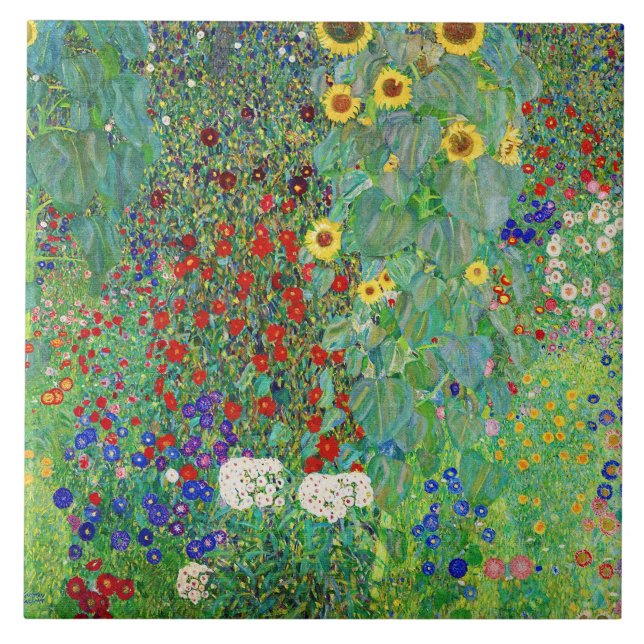 Gustav Klimt Farm Garden med färgning av solblommo Kakelplatta (Framsidan)