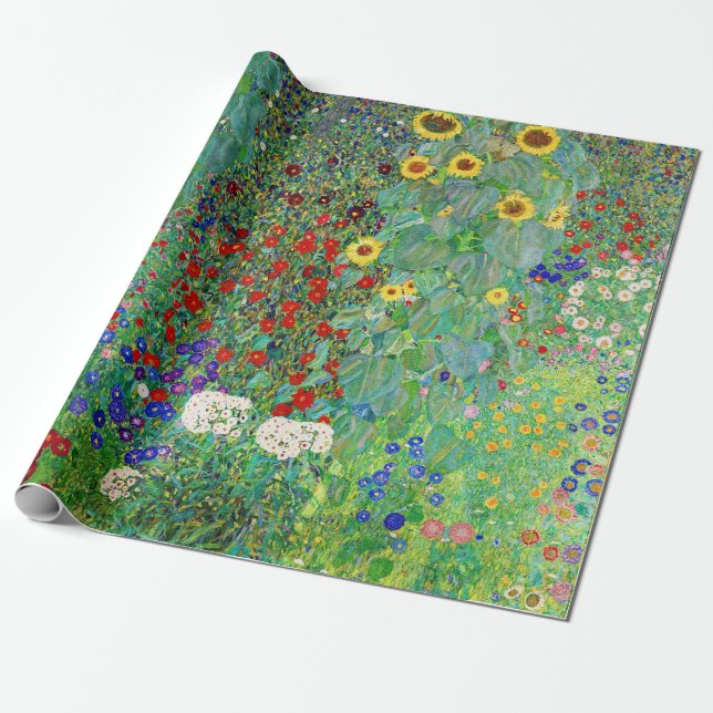 Gustav Klimt Farm Garden med färgning av solblommo Presentpapper (Utrullad)