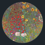 Gustav Klimt Farm Garden med sunblommor Stickers Runt Klistermärke<br><div class="desc">Gustav Klimt Farm Garden med solblommor. Oljemålning på arbetsyta 1905-06. Även om Klimt är mest känt för sin guld-period som producerade klassiska verk som The Kiss and Porträtt of Adele Bloch Bauer, producerade konstnären också några oerhört charmerande landskapspisningar. Garden Farm med solblommor har en rik sommarträdgård i blomning med pulserande...</div>