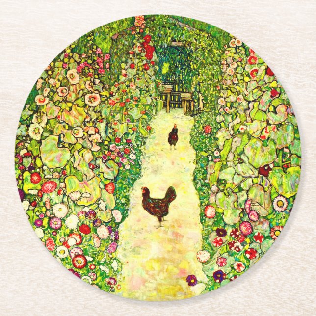 Gustav Klimt Garden med Chickens Underlägg Papper Rund (Framsidan)