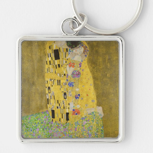 Gustav Klimt - Kiss Fyrkantig Silverfärgad Nyckelring (Framsidan)