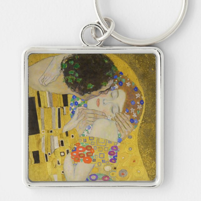Gustav Klimt - Kiss Fyrkantig Silverfärgad Nyckelring (Framsidan)
