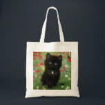 Gustav Klimt Kitten Tygkasse<br><div class="desc">Tote Bag med en Gustav Klimt-kattunge! Det svarta kattunge bär en silver och sitter i en fält av rött,  blått,  vitt och gula blommor. En underbar gåva till kattälskare och österrikiska konstentusiaster!</div>