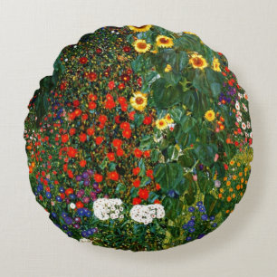 Gustav Klimt konst - Bondgårdsträdgård med solroso Rund Kudde