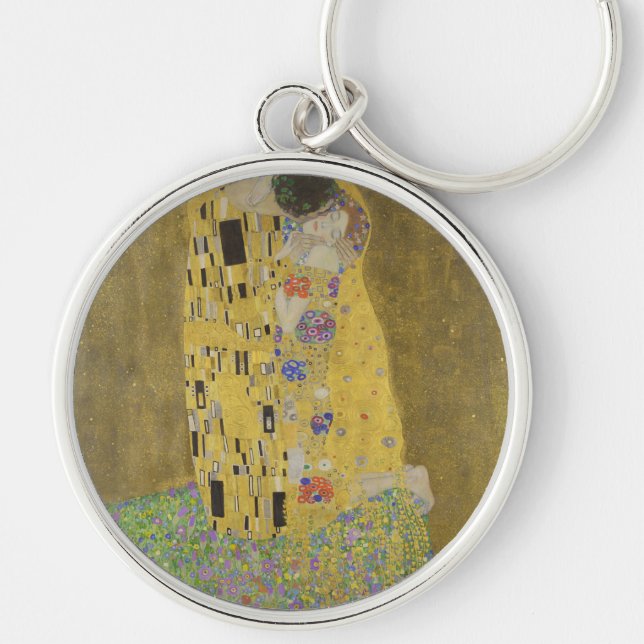 Gustav Klimt Kyssen Rund Silverfärgad Nyckelring (Framsidan)
