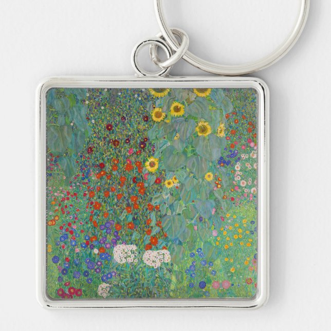 Gustav Klimt - Land Garden med solblommor Fyrkantig Silverfärgad Nyckelring (Framsidan)