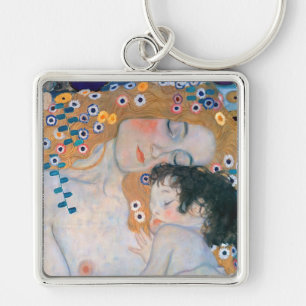 Gustav Klimt - Mor och Child Fyrkantig Silverfärgad Nyckelring