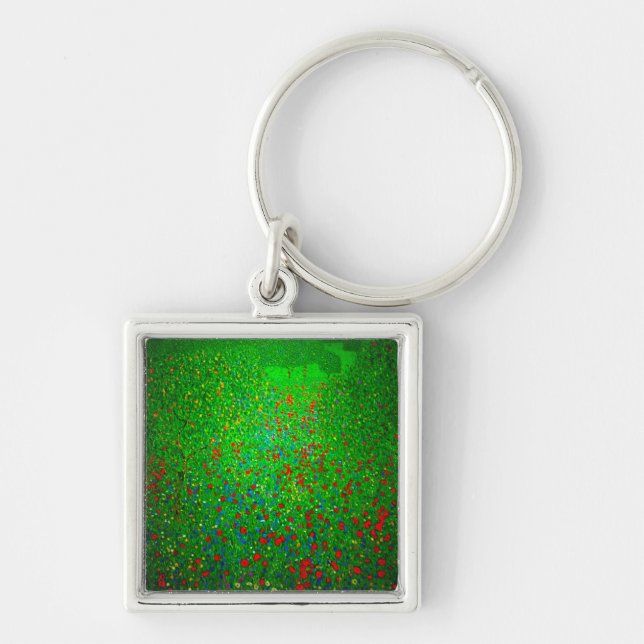 Gustav Klimt Poppy Fält Fyrkantig Silverfärgad Nyckelring (Framsidan)