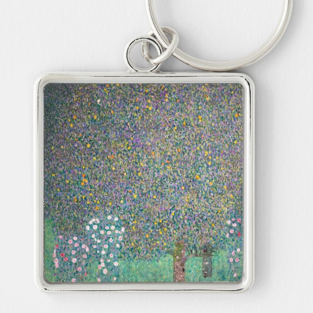 Gustav Klimt - Rosbuskar under träden Fyrkantig Silverfärgad Nyckelring (Framsidan)