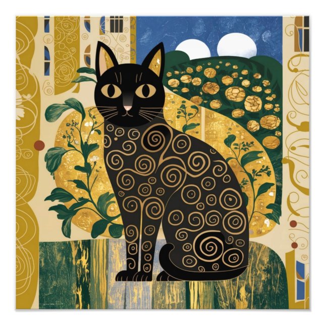 Gustav Klimt Stil Black Cat Art Fototryck (Framsidan)