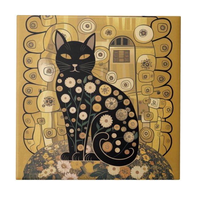 Gustav Klimt Stil Black Cat Art Kakelplatta (Framsidan)